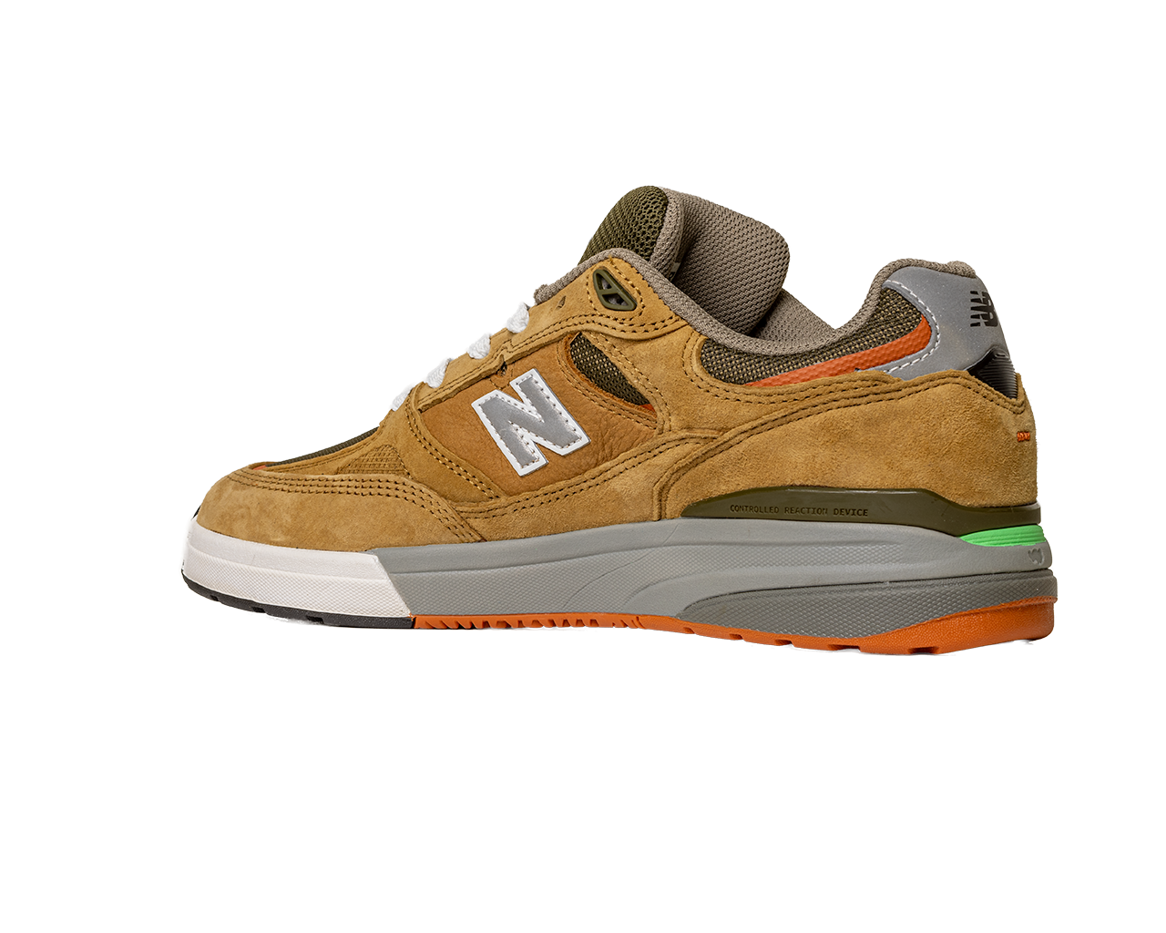 The 933 MNO Andrew Reynolds Brown Grey New Balance Numeric skateboarding shoes feature brown suede with gray, green, and orange accents, a reflective N logo, white midsole, and textured gray and orange outsole, shown on a white background.