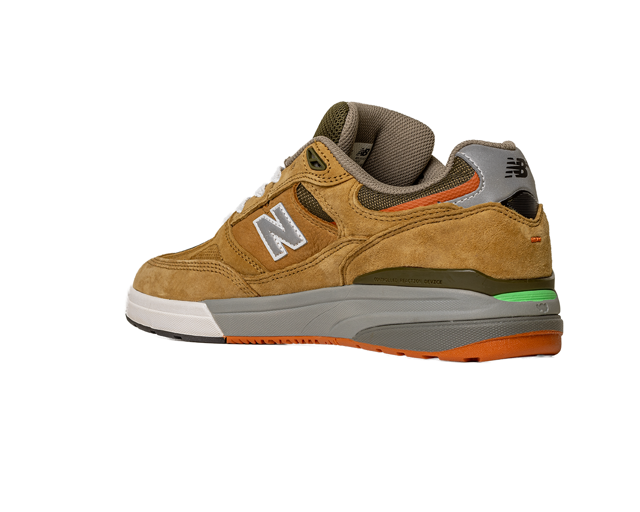 The 933 MNO Andrew Reynolds Brown Grey New Balance Numeric skateboarding shoe features tan suede, a white sole, gray and green midsole accents, an orange outsole, and a silver N logo, displayed on a plain white background.