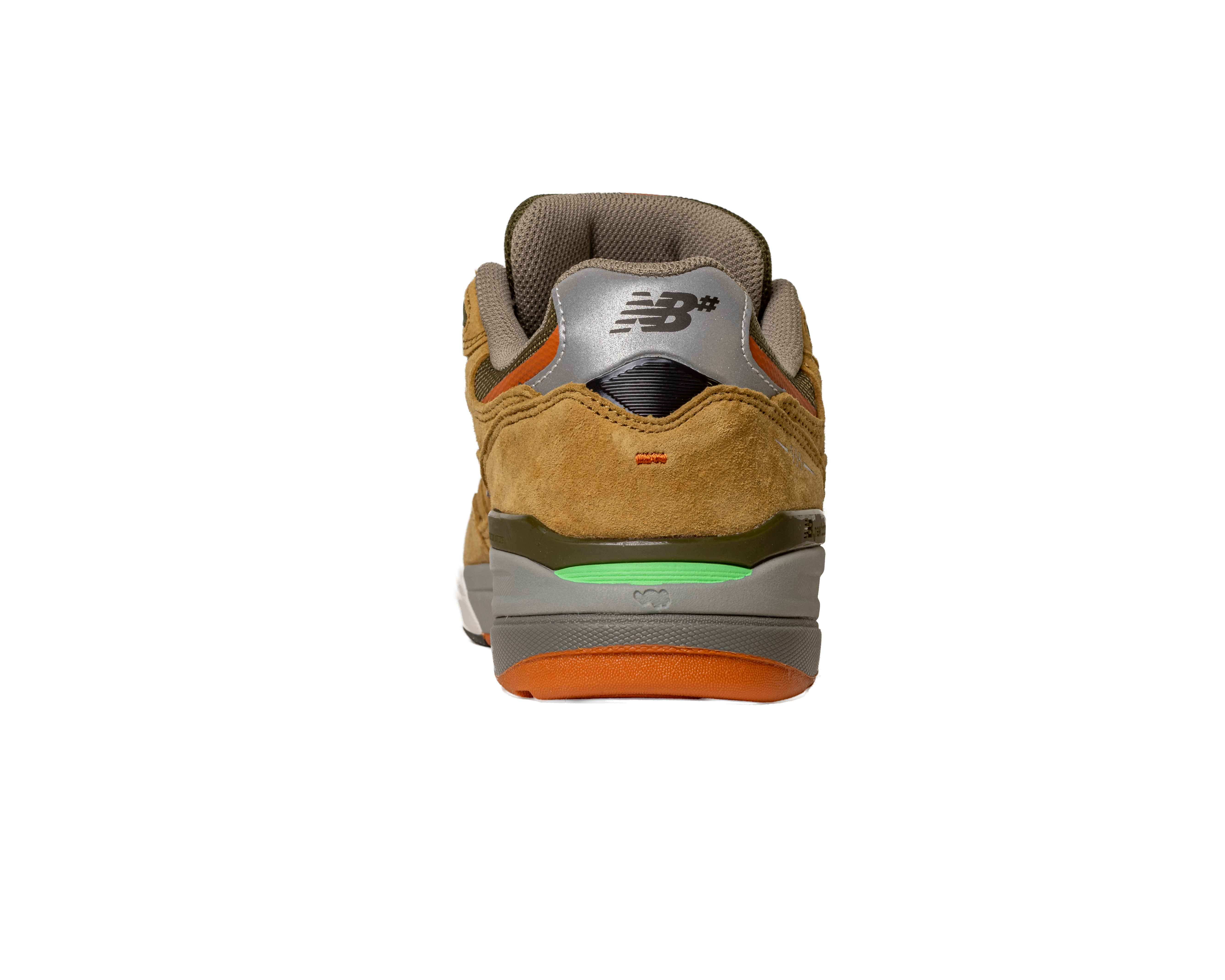 A rear view of the 933 MNO Andrew Reynolds Brown Grey New Balance Numeric Skateboarding Shoe features brown suede, gray accents, orange sole details, a reflective silver heel tab with the New Balance logo, and a small green detail above the sole.