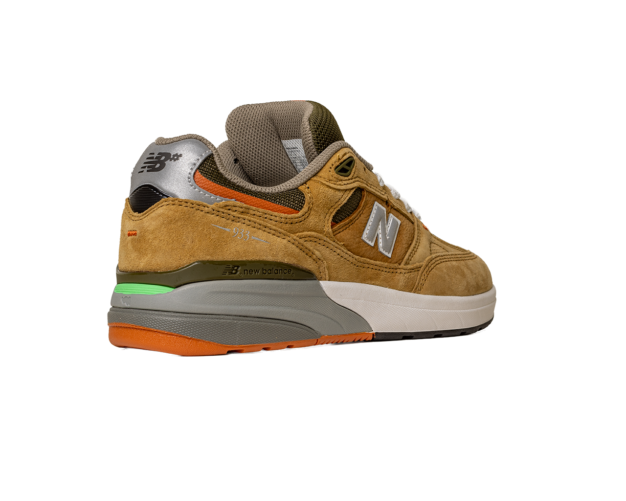 The 933 MNO Andrew Reynolds Brown Grey New Balance Numeric Skateboarding Shoes feature tan suede, gray and orange accents, white laces, a multicolored green/gray/orange/white sole, an N logo on the side, and New Balance branding on the heel.