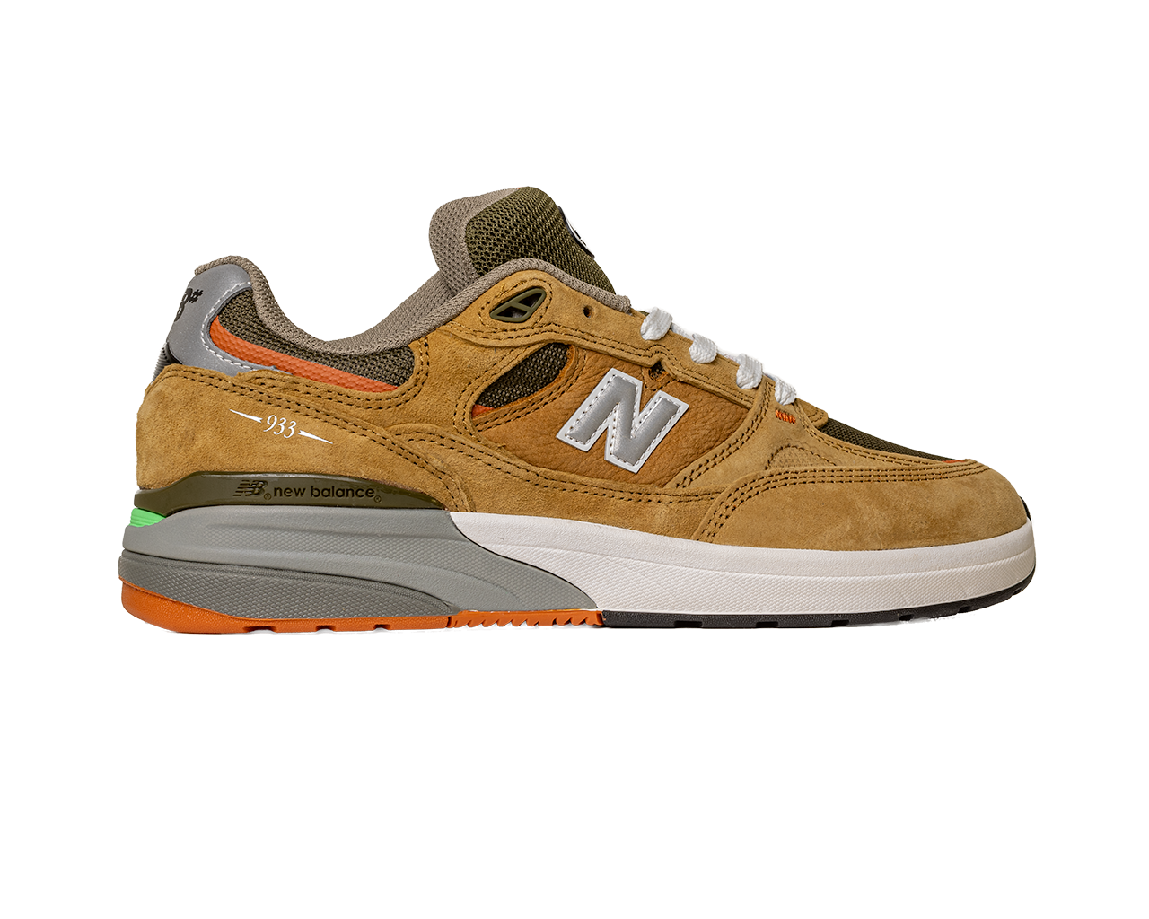 The 933 MNO Andrew Reynolds Brown Grey New Balance Numeric Skateboarding Shoe features brown suede, grey accents, a white midsole, black outsole, and a bold white N logo, inspired by New Balance Numeric skateboarding shoes.
