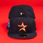 Two 6am in Texas Navy Red White New Era Hat 5950 Fitted caps are displayed on a red background—one features a stylized star logo and side patch, the other shows the MLB logo. Ideal for collectors and fans.
