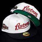 Two Red Soda New Era HOF Red Black Chrome Houston Astros 5950 Fitted Hats, both with All-Star Game side patch, red embroidered Astros text, black brim, and gold sticker, displayed on a black background.