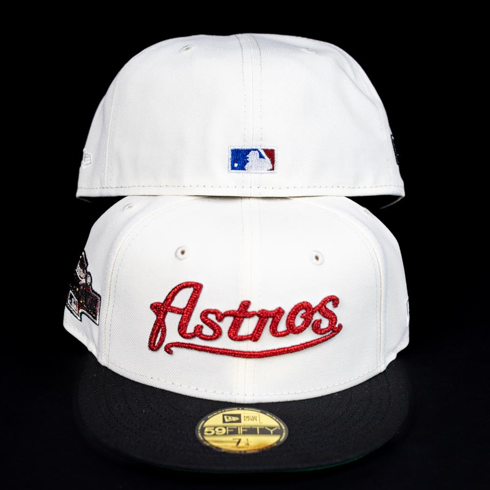 Two Red Soda New Era HOF Red Black Chrome Houston Astros 5950 Fitted hats are shown. The front displays "Astros" in red script, the back features an MLB logo, and a side patch accents the front cap.