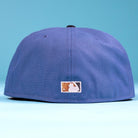 The Harbor Mark Canvas Houston Astros New Era 5950 Fitted Hat is displayed from the back, showing a white and gold MLB logo patch above the edge, set against a light blue background.