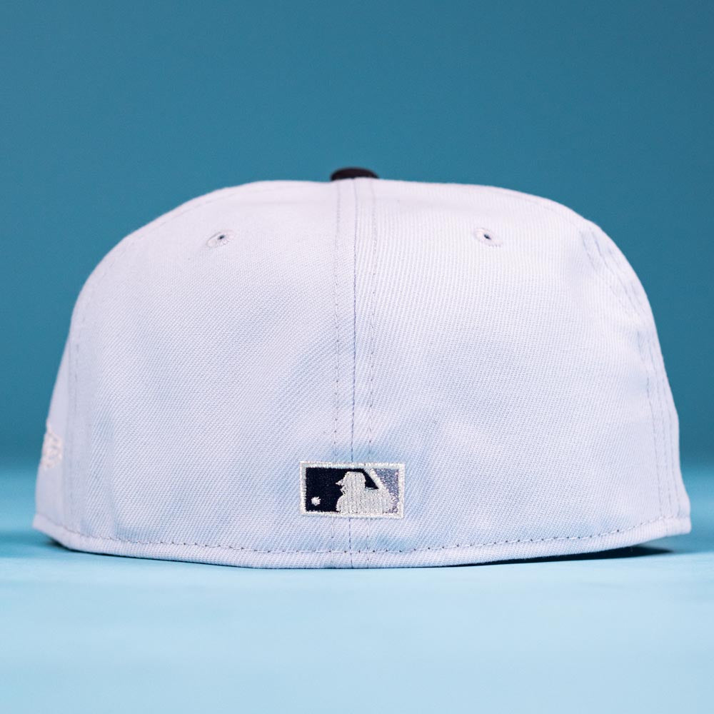 A Hard Freeze WS05 Houston Astros New Era 5950 Fitted Hat in light gray is shown from the back, displaying the Major League Baseball logo against a solid blue background.
