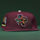 The Pinkerton 2.0 Rushmore 2000 Maroon Houston Astros New Era 5950 Fitted Hat features an embroidered Texas outline with a star on the front, colorful side patches, and a white top button, set against a green background.
