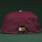 The Pinkerton 2.0 Rushmore 2000 Maroon Houston Astros New Era Hat 5950 Fitted is shown from the back, displaying a small embroidered logo patch near the bottom edge against a dark green background.