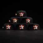 Six La Flame Rushmore WS05 Fire Black Houston Astros New Era Hat 5950 Fitted caps are stacked in a pyramid. Each features a silver star with red flames and white outline above the brim, set against a dark background.