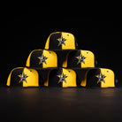 Six Hazmat Rushmore Gold Black Pinwheel Houston Astros New Era 5950 Fitted hats with H and star logos are arranged in a pyramid shape against a black background.