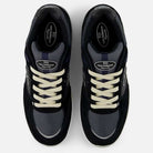 Top view of Black Eclipse 933 BNT Andrew Reynolds New Balance Numeric suede skateboarding shoes featuring cream laces, gray mesh toe boxes, heritage details, iconic logos on sides and tongue, and ABZORB cushioning for comfort.