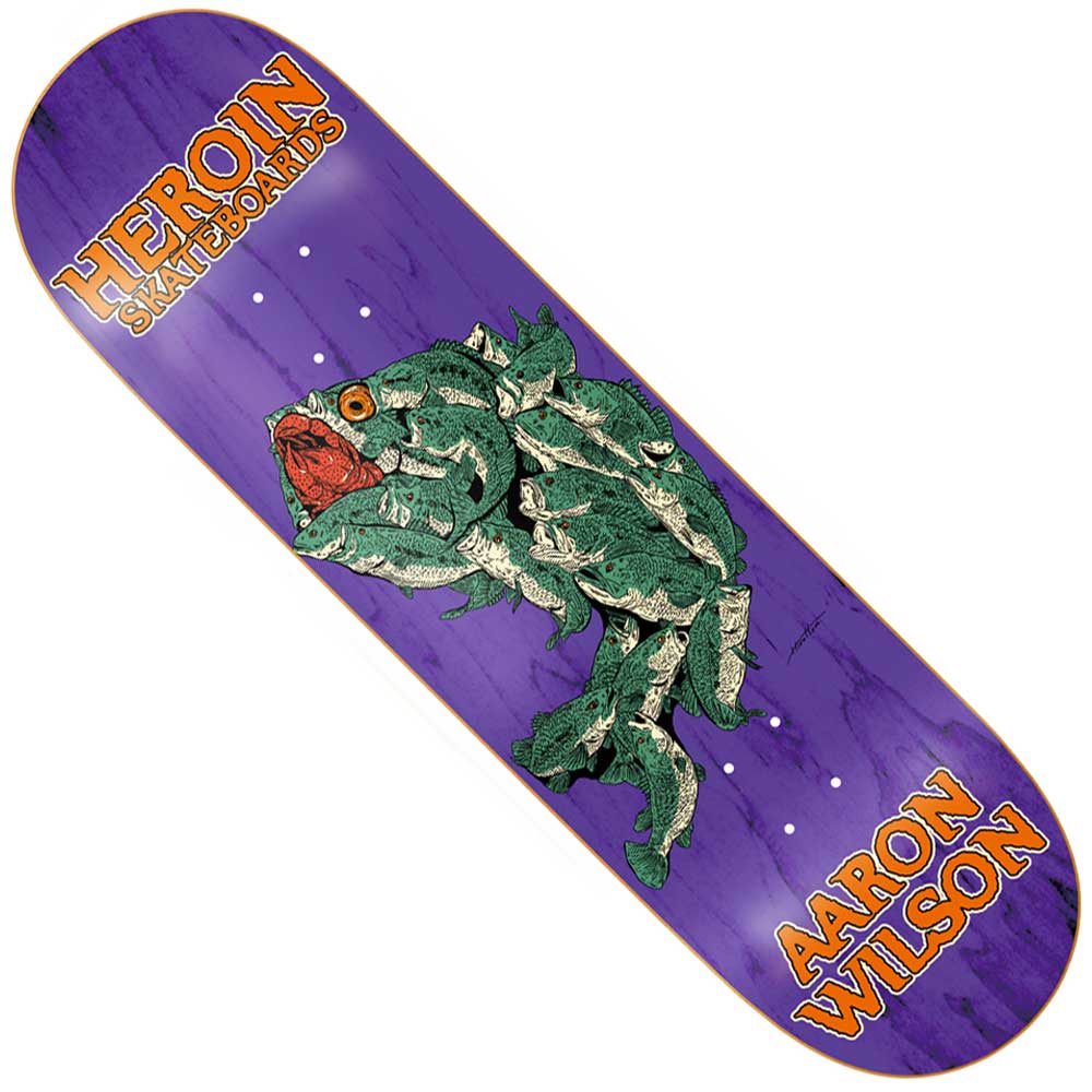 A vibrant purple Aaron Wilson Fish Deck 8.75 Shaped by Heroin Skateboards features bold orange Heroin Skateboards and Aaron Wilson text, complemented by an eye-catching illustration of a green fish composed of smaller fish.
