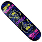 The Aaron Wilson Knock Off 8.5x32 Heroin Skateboards Deck is crafted from hard rock maple and showcases two yellow skeletons back-to-back on a blue and black background, plus bold ARRON WILLISON, JAG SWAG, and HEROIN SKATEBOARDS text for vibrant style.