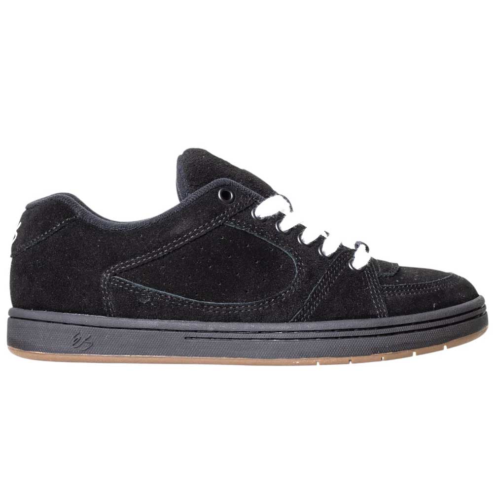 The Accel Black Noir Es Shoes Skateboarding Original Shape features black suede, white laces, black stitching, and a black sole with a gum-colored bottom, inspired by the 1995 silhouette, shown in left side profile.