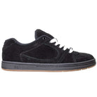 The Accel Black Noir Es Shoes Skateboarding Original Shape features black suede, white laces, black stitching, and a black sole with a gum-colored bottom, inspired by the 1995 silhouette, shown in left side profile.