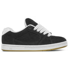 The Accel Black White Suede Es Shoes Skateboarding features a lightly textured black upper with side perforations, thick white laces, a white sole, and a low-cut design—ideal for skateboarding.