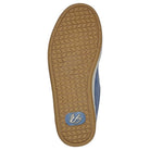 The Accel Blue White Suede Es Shoes Skateboarding features a light blue upper and a light brown rubber sole with a honeycomb tread pattern and logo near the heel, as seen from the bottom.