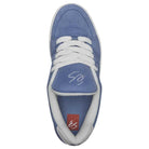 Top view of Accel Blue White Suede Es Shoes Skateboarding with white laces, '95' stitched on the tongue, and a red insole featuring a white éS logo—ideal for any skateboarding enthusiast.