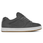 The Accel Gray White Suede Es Shoes Skateboarding features a dark gray suede low-top design, white midsole, gum outsole, and gray laces—shown in side profile on a white background for skateboarding style and performance.