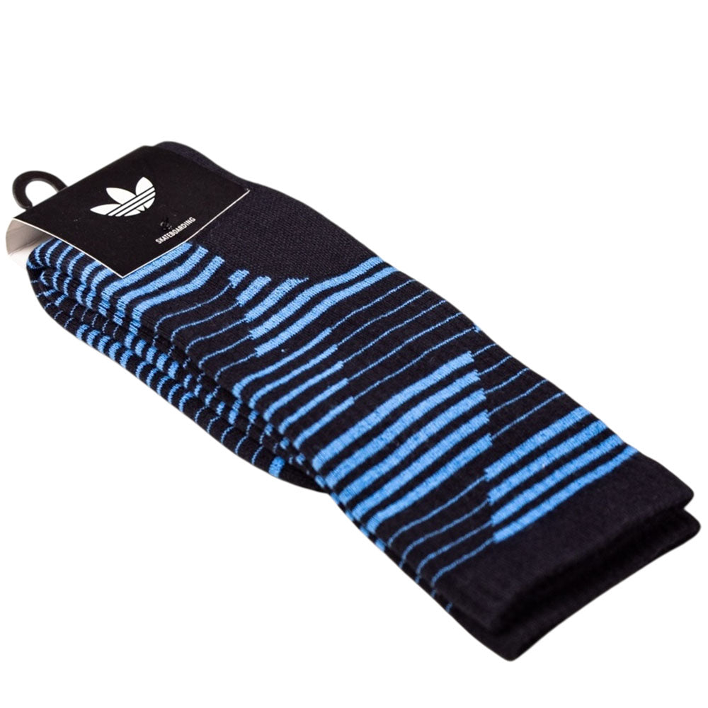 A pair of SP33D Black Blue Striped KD3674 Adidas Skateboarding socks with blue horizontal stripes, folded and packaged with the Adidas Originals logo at the top.