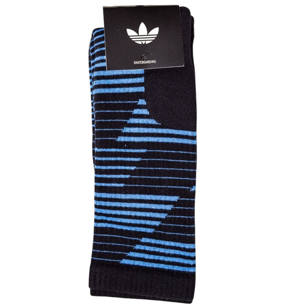 The SP33D Black Blue Striped KD3674 Adidas Skateboarding socks feature blue horizontal stripes and a geometric pattern, shown folded with the Adidas Skateboarding logo tag. One pair per pack.