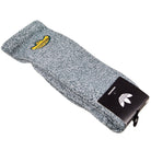 A pair of Adidas Skateboarding Gonz Art Sock KD3674 in gray heather, shown in packaging with a white Adidas logo on the label and a yellow logo on the sock.