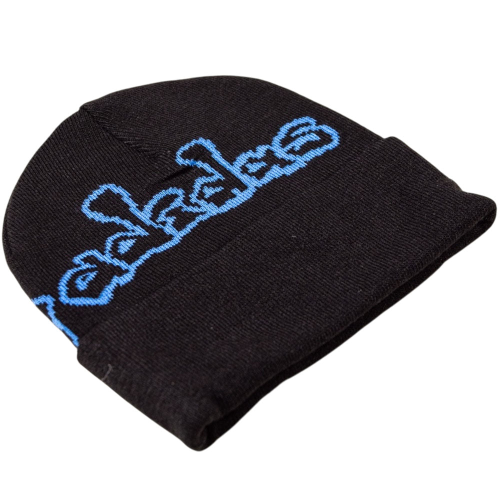 The Kogan Beanie Black Blue KE9041 by Adidas Skateboarding is a black acrylic beanie with "adidas" in large light blue lowercase letters across the front.
