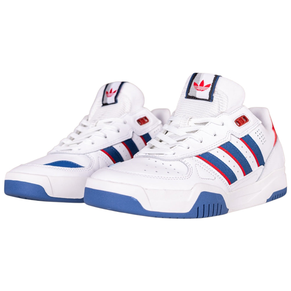 A pair of white and brown adidas Tekkira HQ4814 Skateboarding shoes made with suede leather, featuring Lightmotion cushioning for comfort and the adidas logo on the tongue.