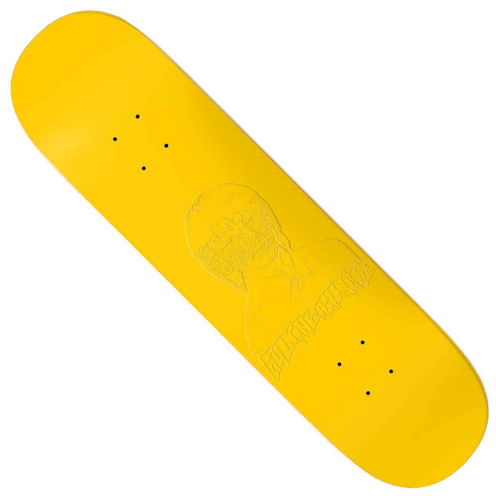 Aidan Mackey Embossed Photo 8.25 FA Skateboard Deck Yellow, featuring a faint engraving of a person’s upper body and head in a shirt—thought to be inspired by Aidan Mackey—with the text “FUTURE SHOCK” below the figure. The deck includes pre-drilled holes for trucks.