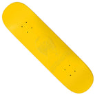 Aidan Mackey Embossed Photo 8.25 FA Skateboard Deck Yellow, featuring a faint engraving of a person’s upper body and head in a shirt—thought to be inspired by Aidan Mackey—with the text “FUTURE SHOCK” below the figure. The deck includes pre-drilled holes for trucks.