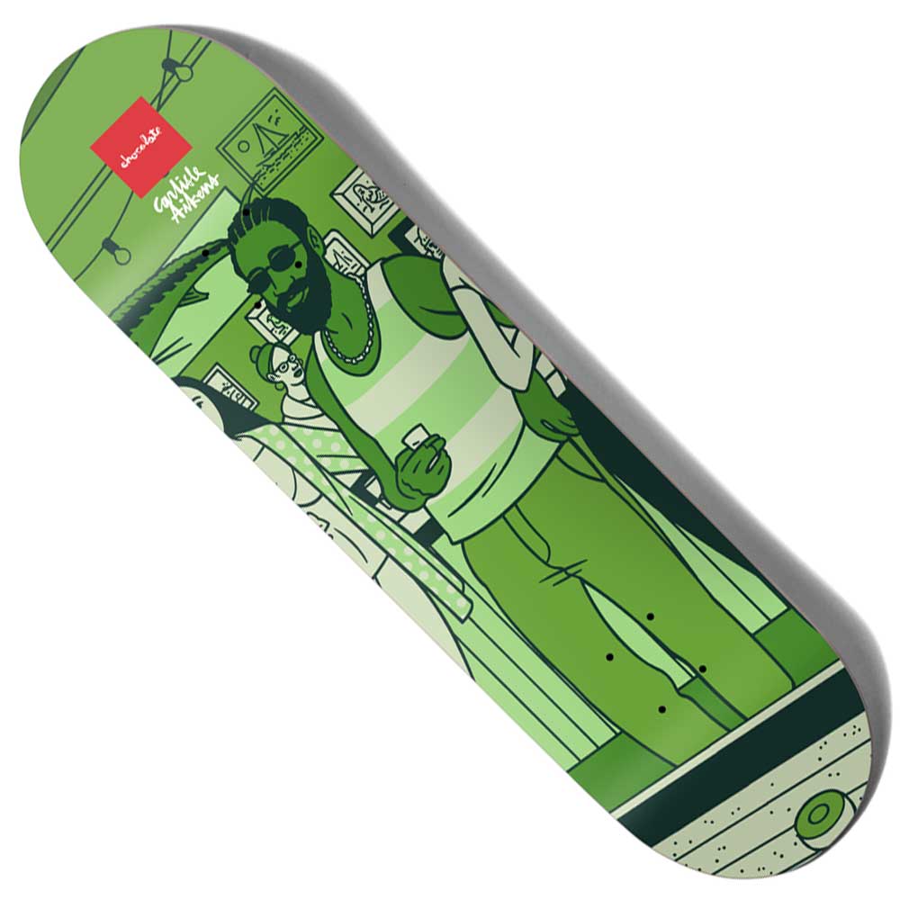 The Aikens Bar Series 3 8.5x31.95 deck by Chocolate Skateboards features Evan Hecox’s green-toned artwork of a smiling man with dreadlocks, sunglasses, and a beard, holding a phone on the subway amid urban scenes.