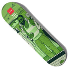 The Aikens Bar Series 3 8.5x31.95 deck by Chocolate Skateboards features Evan Hecox’s green-toned artwork of a smiling man with dreadlocks, sunglasses, and a beard, holding a phone on the subway amid urban scenes.