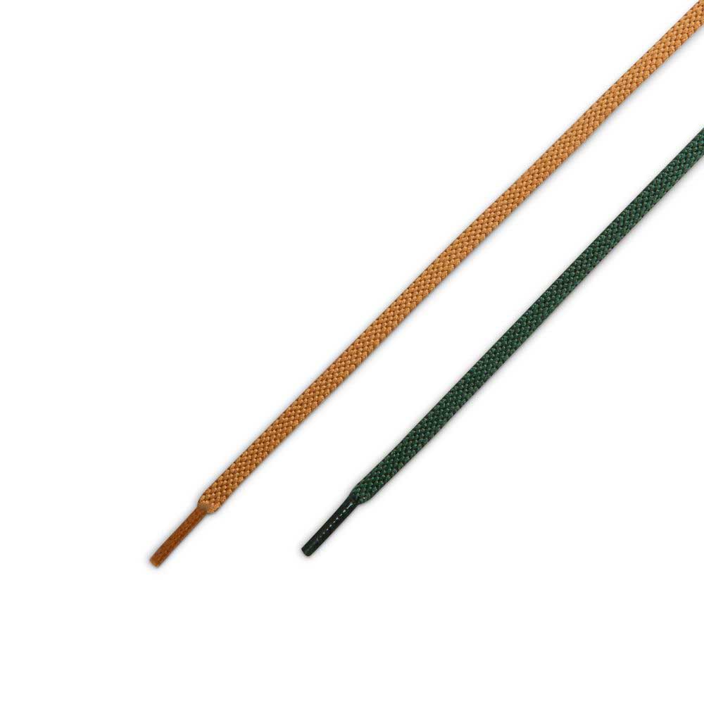 Two shoelaces placed diagonally on a white background: one orange with an orange tip, the other dark green with a green tip—ideal for customizing your Air Force 1 Flax Black Gum Light Brown HM8517200 Nike SB Suede Skateboarding Shoes.
