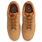 Top view of Nike SB Air Force 1 Flax Black Gum Light Brown HM8517200 suede skateboarding shoes with brown laces, perforated toe boxes, and Nike logos on the tongues and insoles for classic style and comfort.