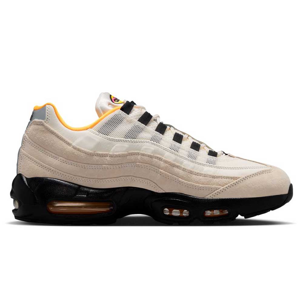 The Air Max 95 Sail Black Laser Orange Nike SB Skateboarding Shoes IQ8395100 feature a beige and white mesh and suede upper, black midsole with visible air cushioning, low-top design, and striking orange details for standout style.