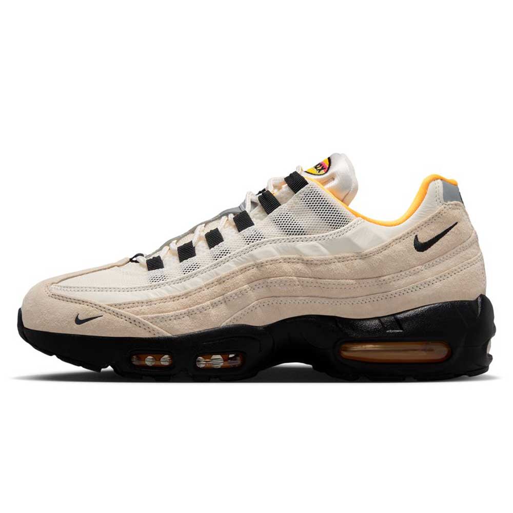 The Air Max 95 Sail Black Laser Orange Nike SB Skateboarding Shoes (IQ8395100) feature a beige base, black accents and sole, visible air units, and yellow details on the heel and tongue, shown side profile on a white background.