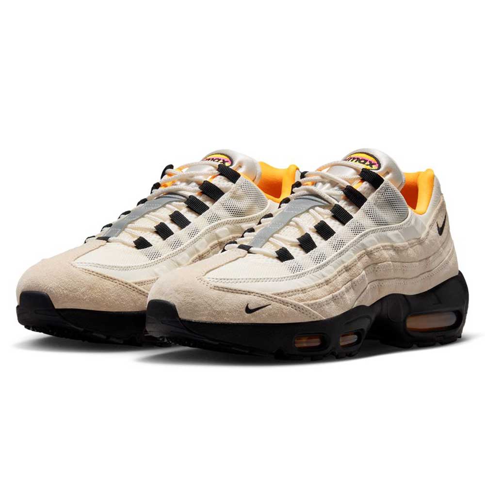 The Air Max 95 Sail Black Laser Orange Nike SB Skateboarding Shoes (IQ8395100) feature beige suede and white mesh uppers, black midsoles, orange accents, and visible air cushioning inspired by skate shoes.