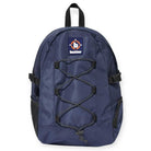 The Aleka Backpack Navy by Butter Goods features navy blue nylon canvas, black zippers, adjustable straps, a front bungee cord, side mesh pockets, and a top patch with the Butter logo.