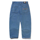 Aleka Denim Jeans Distressed Mid Blue Cash Only COD153201 shown from the back, with two patch pockets, visible stitching, a Carhartt logo patch above the right pocket, and a relaxed straight-leg fit.