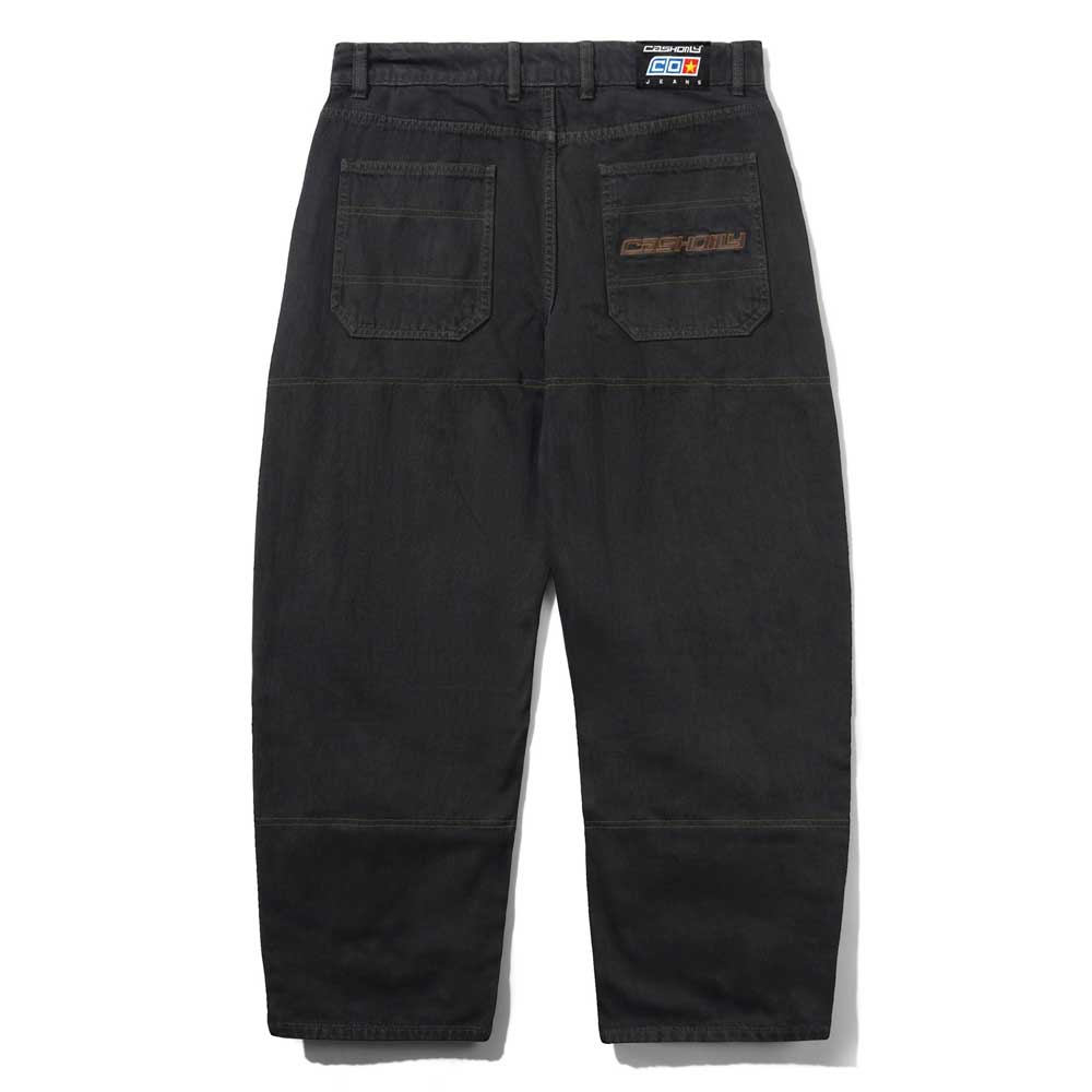 The Aleka Denim Jeans Flat Black Cash Only COD153202 are black workwear-style pants, seen from the back, with two large back pockets, a Carhartt patch above the right pocket, and a loose straight-leg fit.