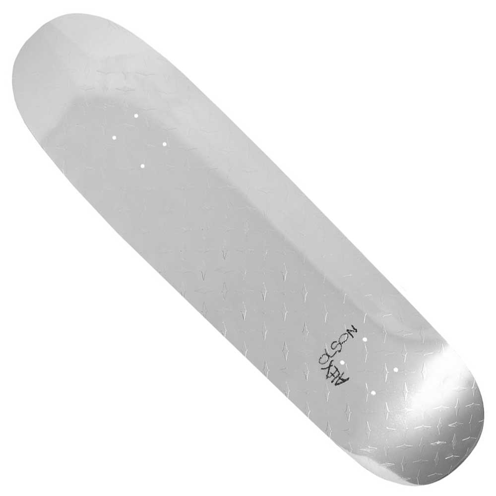 The Alex Olson Silver Metal Deck 8.5 Violet Skateboards Deck features a hi-gloss pearl finish, embossed diamond plate texture, black OLSON and FA text near one end, and pre-drilled holes for trucks.