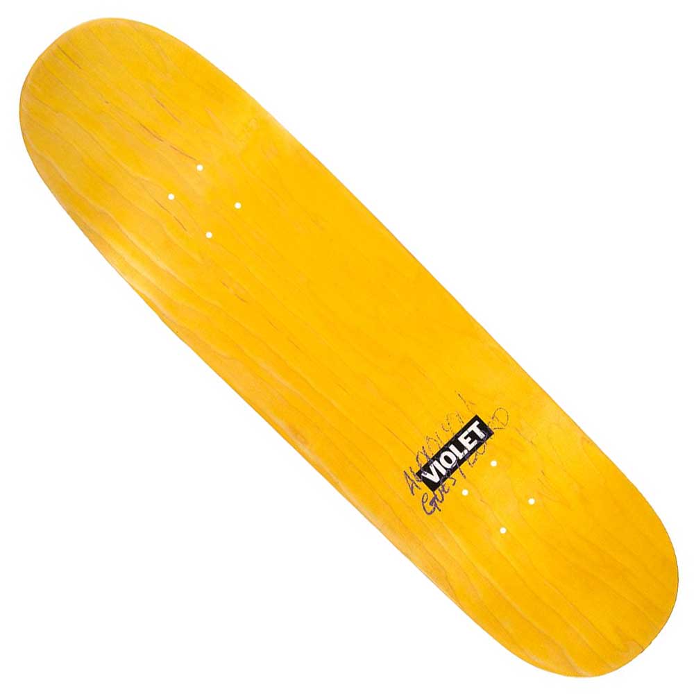 The Alex Olson Silver Metal Deck 8.5 from Violet Skateboards features a bright yellow finish with natural wood grain texture, an embossed diamond plate design, a black and white Violet logo sticker, pre-drilled truck holes, and a slight curve.