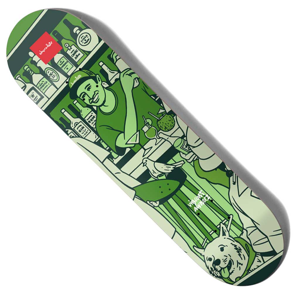 The Alvarez Bar Series 3 8.25x31.75 Evan Hecox Chocolate Skateboards Deck features a green-themed cartoon of a smiling bartender behind a bar with bottles, a bird, and a dog in the foreground.