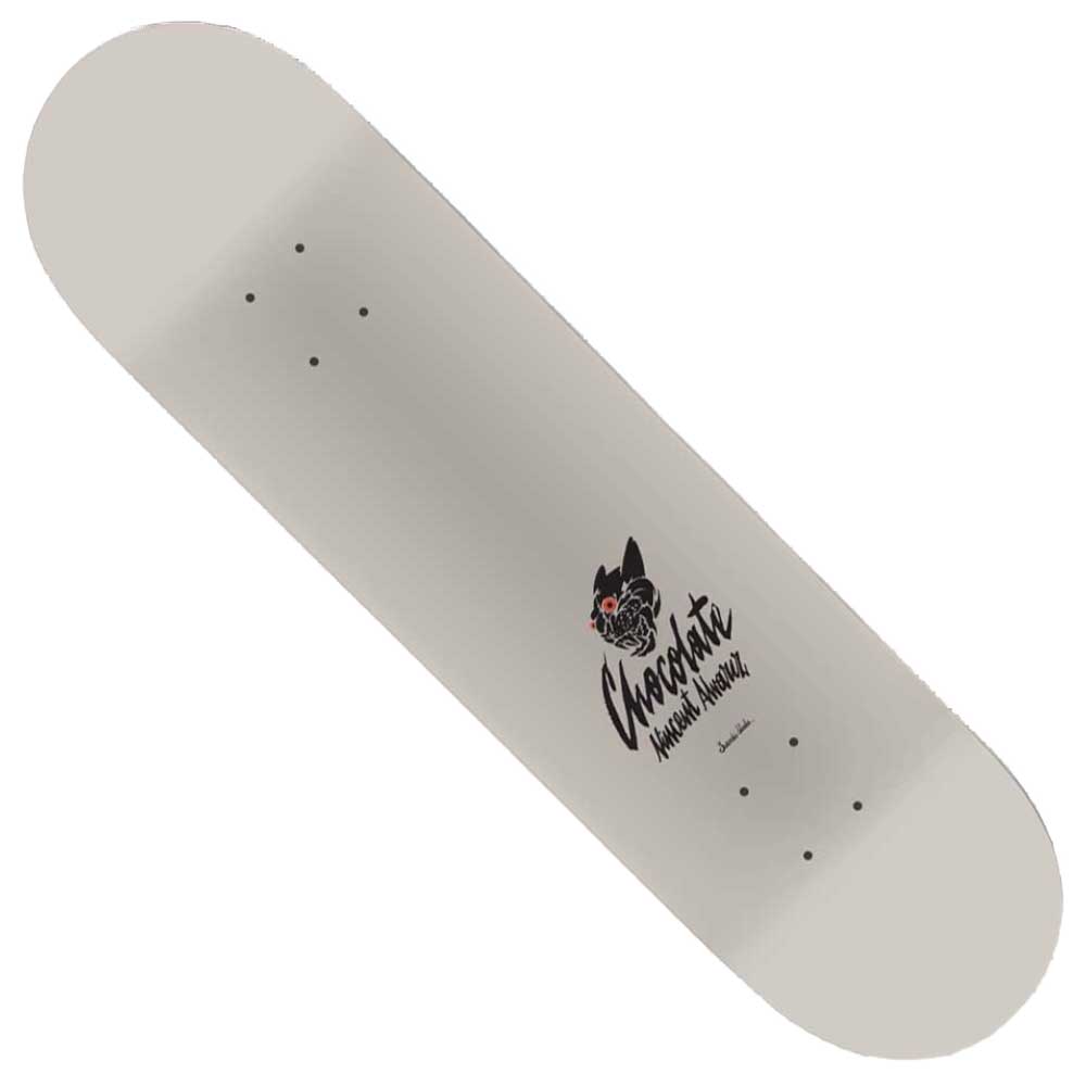The Alvarez Swanski 8.5x31.87 Chocolate Skateboards Deck features a light gray finish, stylized black cat graphic, the Swanski logo, and Vincent Alvarez’s name in bold script for a minimal yet distinctive look.