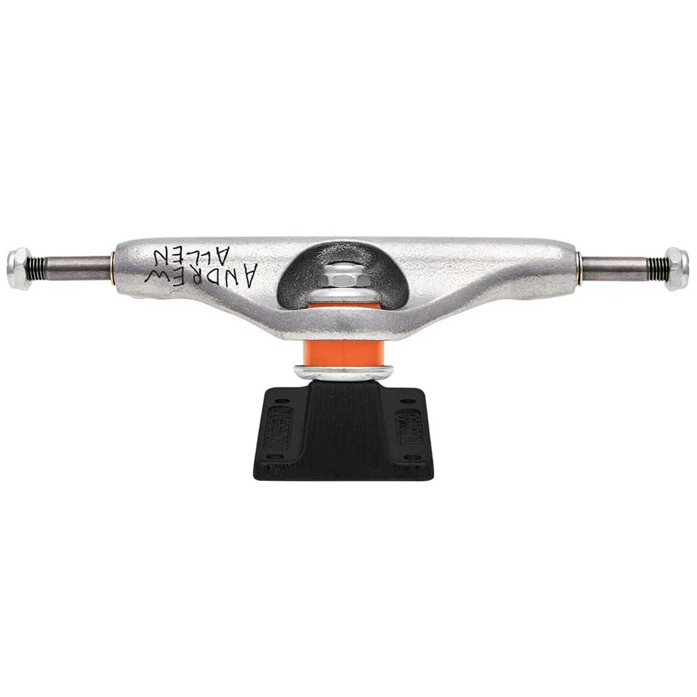 The Andrew Allen Hollow Silver Black Standard INDY 159 Stage 11 Trucks Set of TWO features a durable, lightweight design with "ANDREW ALLEN" engraved on the hanger, orange bushings, and black baseplates on a white background.