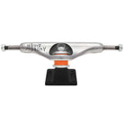 The Andrew Allen Hollow Silver Black Standard INDY 159 Stage 11 Trucks Set of TWO features a durable, lightweight design with "ANDREW ALLEN" engraved on the hanger, orange bushings, and black baseplates on a white background.