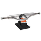 The Andrew Allen Hollow Silver Black Standard INDY 144 Stage 11 Trucks (set of two) feature a silver hanger with Andrew Allen’s name engraved, black baseplate, orange bushings, and are photographed on a white background.