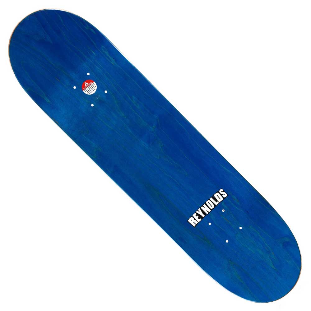 The Andrew Reynolds 8.25x31.87 Icon ATL Baker Skateboard Deck is blue, with a small red and white circular logo near the top and "Andrew Reynolds" in bold white block letters at the bottom right—a simple, minimalist design.