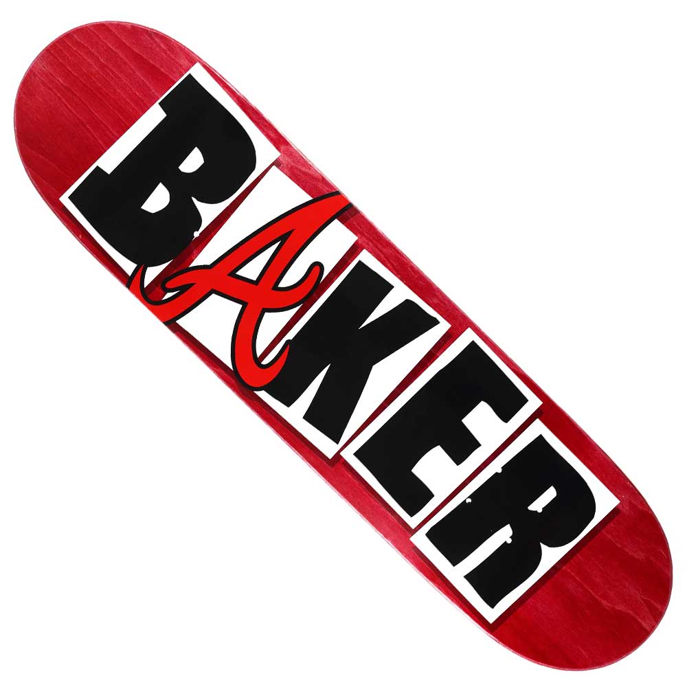 The Andrew Reynolds 8.25x31.87 Icon ATL Baker Skateboard Deck features bold black BAKER lettering on white blocks with a stylized red A—a classic design inspired by Andrew Reynolds.