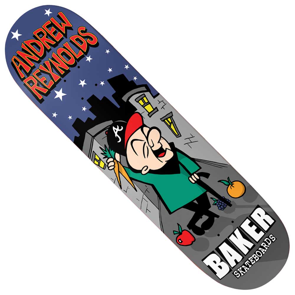 Andrew Reynolds Mr. Androo 8.25 Baker Skateboards Deck, showcasing a cartoon character on a nighttime city street, with ANDREW REYNOLDS in bold red lettering and BAKER SKATEBOARDS in white text at the bottom.